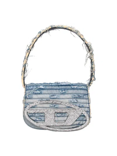 Diesel Mini Denim Shoulder Bag With Crystal Logo In Blue