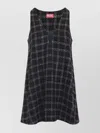 Diesel Mini Dress Checked Pattern Sleeveless V-neckline In Blue