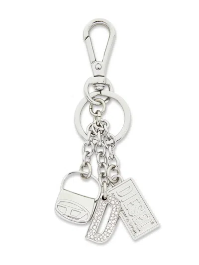 Diesel Mini Keychain With Clasp Closure And Three Charm Chains In Argento