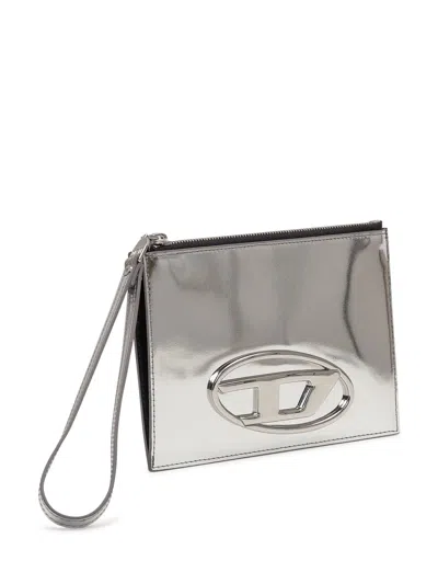 Diesel Mini Leather Clutch Wallet In Silver