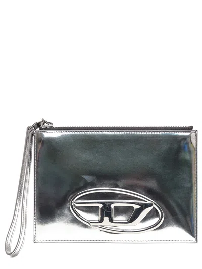Diesel Mini Leather Clutch Wallet In Silver