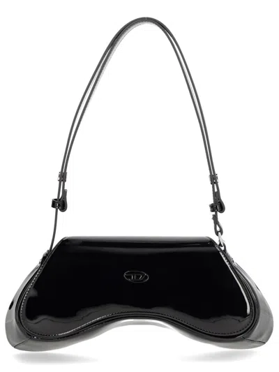 Diesel Curved Black Play Clutch With Glossy Finish And Magnetic Closure
