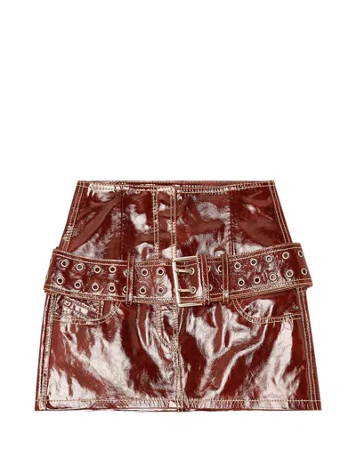 Diesel Patent Leather Mini Skirt Regular Fit High Waist With Double-prong Belt In Brown