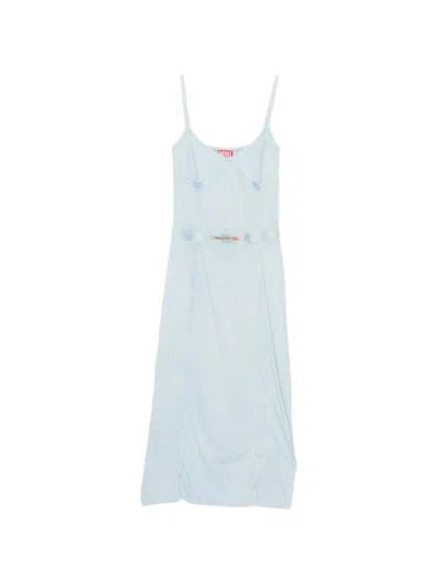 Diesel Mini V-neck Dress With Spaghetti Straps And Belted Waist Size S In Blue