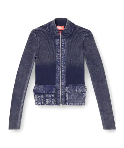 Diesel M-melissa Rib-knit Denim-pockets Cardigan In Blue