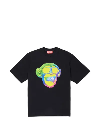 Diesel Kids' Monkey-print Cotton T-shirt In Black
