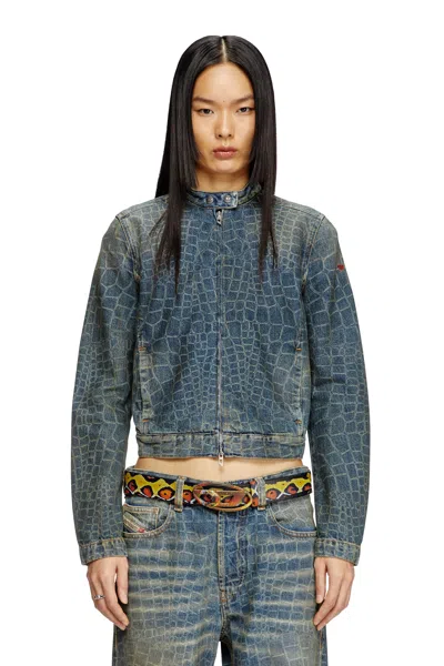 Diesel Moto Jacket In Snake-print Denim In Blue