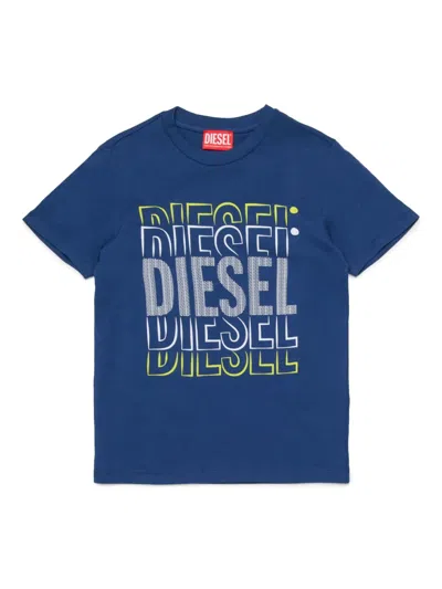 Diesel Kids' Multi-logo-print Cotton T-shirt In Blue