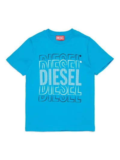 Diesel Kids' Multi-logo-print Cotton T-shirt In Blue