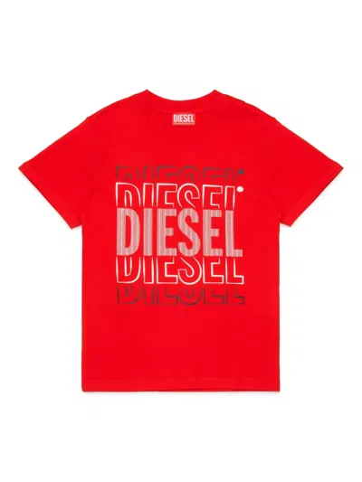 Diesel Kids' Multi-logo-print Cotton T-shirt In Red