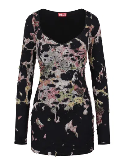 Diesel Long Sleeved D-floci Sheath Dress With Floral Details In Black