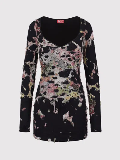 Diesel Long Sleeved D-floci Sheath Dress With Floral Details In Black