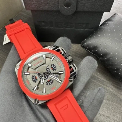 Pre-owned Diesel New✅ Men's Dz7368 Chronograph Bamf Red Silicone Strap Gray Dial Watch $350