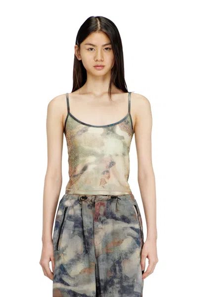Diesel Nylon Skinny Top With All-over Camou And Crystal Details In White