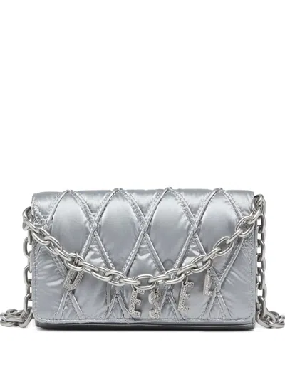 Diesel Nylon Wallet With Metal Logo Lettering, Chain Shoulder Strap, Gusseted Compartment & 8 Card S In Argento