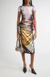 Diesel Printed Pattern Midi Skirt With Asymmetric Hem In Black/orange