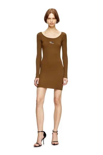 Diesel Off-the-shoulder Dress In Ribbed Knit In Brown