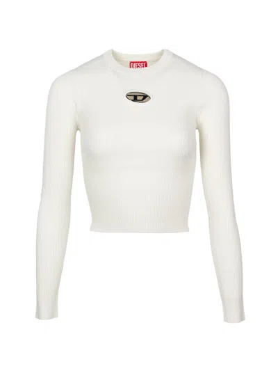 Diesel Off-white Ribbed Knit Top With Cut-out Detailing And Silver-tone Logo Plaque
