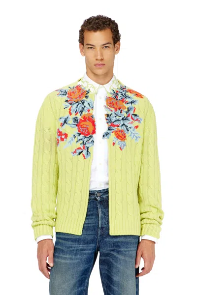 Diesel Open-front Cardigan In Floral Cable Knit In Yellow