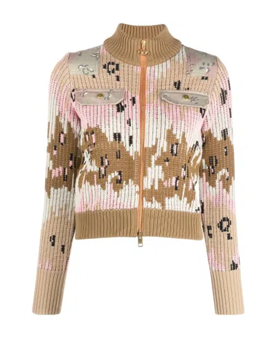 Diesel Open-knit Zip-up Knitted Jacket In Brown