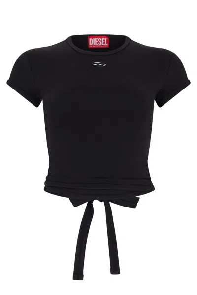 Diesel Organic Cotton Cropped Mini Top With Ribbed Stretch And Lace-tie Hem In Black