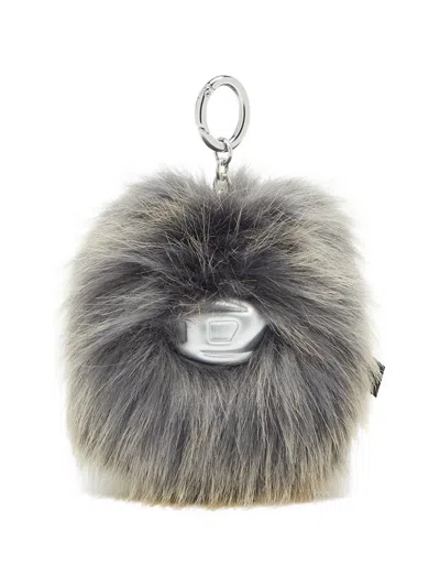 Diesel Oval D Furry Bag Charm In Gray