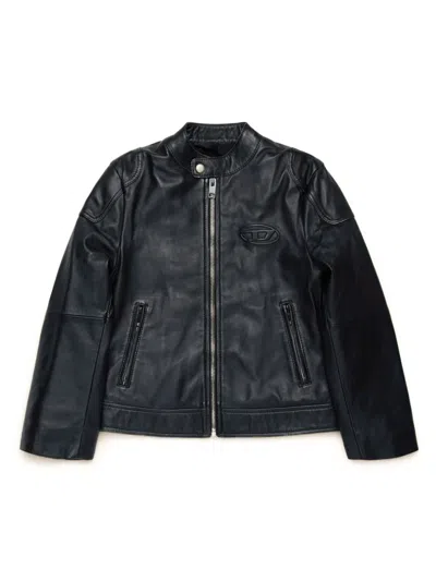 Diesel Kids' Oval D Leather Biker Jacket In Black