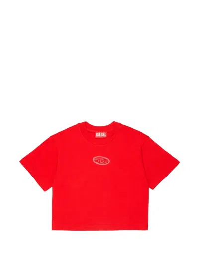 Diesel Kids' Oval D Logo-embroidered Cropped T-shirt In Red