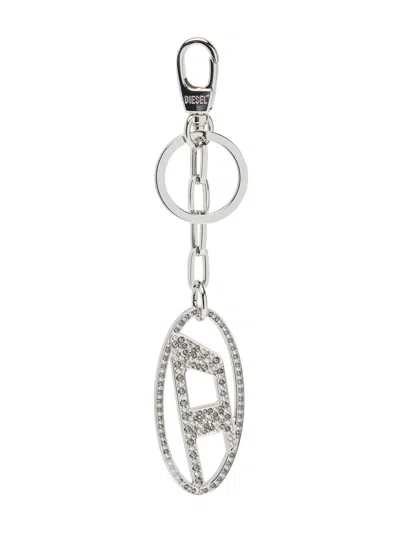 Diesel Oval D Mini Crystal Keychain With Short Chain In Argento