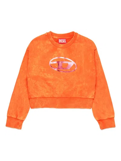 Diesel Kids' Felpa Cropped Marmorizzata Con Logo Oval D In Orange