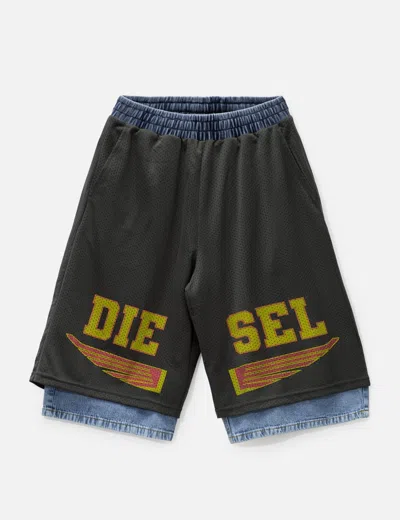Diesel P-ecky Wide-leg Shorts In Jersey, Mesh And Denim In Grey
