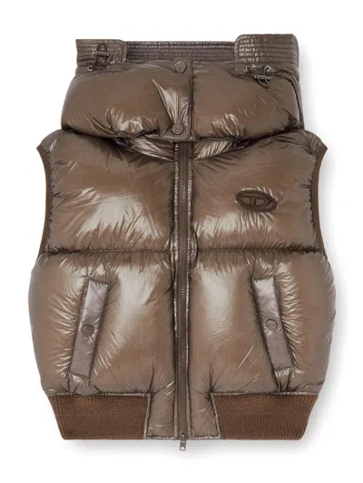 Diesel Padded Down Vest With Removable Hood, Extra-high Quilted Collar, Ribbed Hem & D-logo Patch (s In Marrone