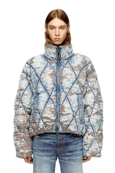 DIESEL PADDED JACKET IN ARGYLE-QUILTED DEVORÉ DENIM