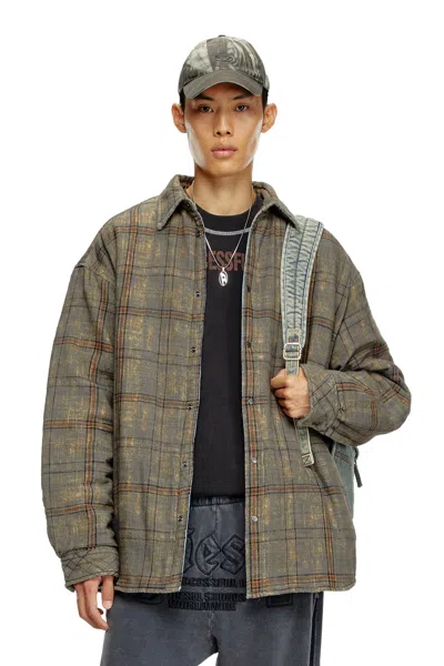 Diesel Padded Jacket In Checked Slub Cotton In Multicolor