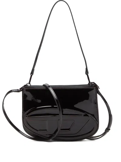 Diesel Patent-leather Logo Shoulder Bag In Black