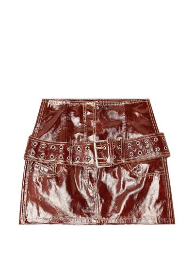 Diesel Patent Leather Mini Skirt Regular Fit High Waist With Double-prong Belt In Brown