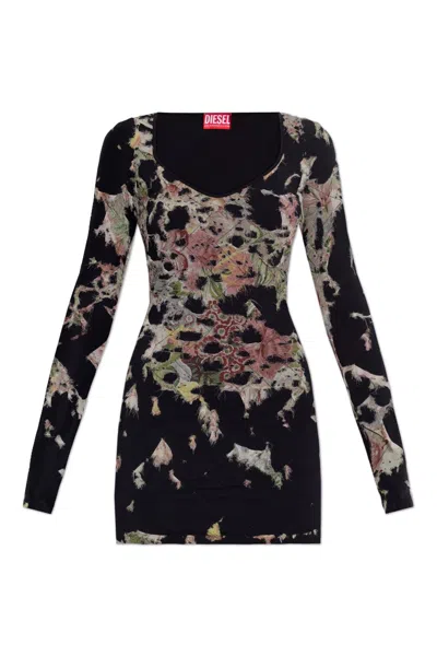 Diesel Long Sleeved D-floci Sheath Dress With Floral Details In Black