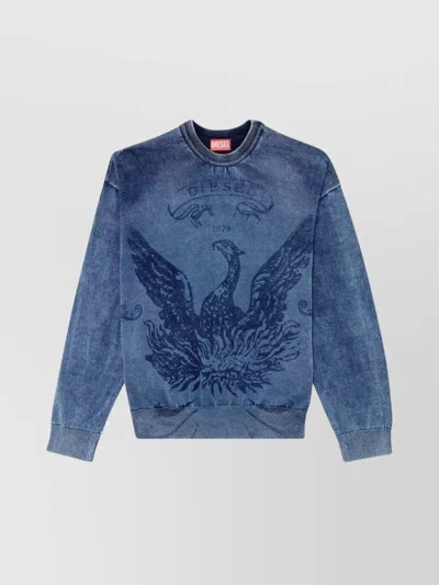 Diesel Phoenix Graphic Crewneck Sweater With Washed Effect In Blue