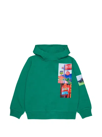 Diesel Kids' Photographic-print Logo-print Hoodie In Green