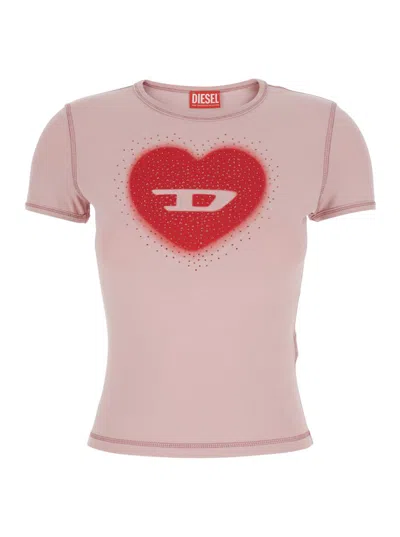 Diesel Pink Crew Neck T-shirt With Front Print And Beaded Details In Cotton Woman