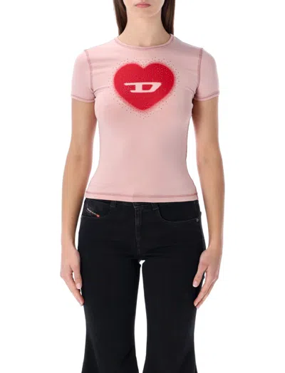 Diesel Women Pink Crew Neck T-shirt With Front Print And Beaded Details In Cotton Woman In Gold