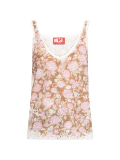 Diesel Pink Floral V-neck Linen Top In Multi