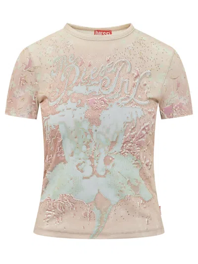 Diesel Pink Rhinestone-embellished Ribbed Jersey T-bril T-shirt In Multi