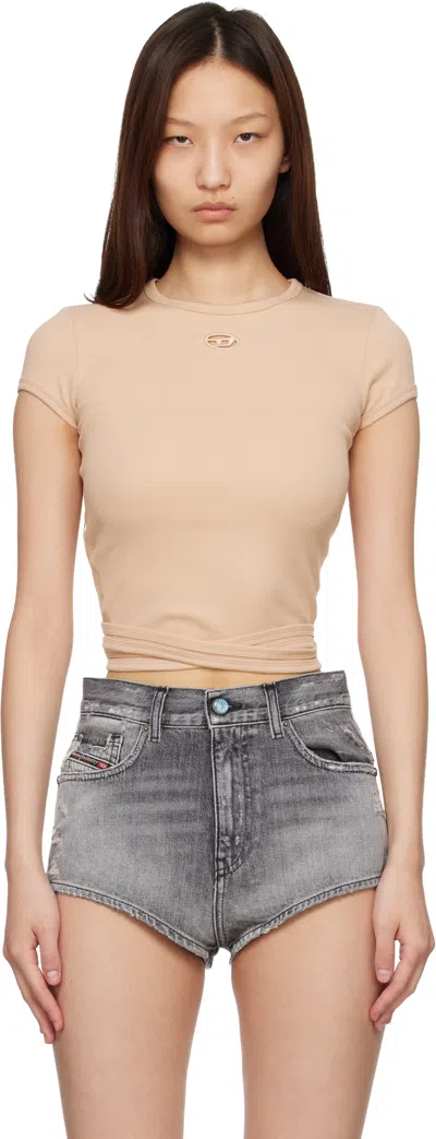 Diesel Pink Ribbed Wrap-around Laces T-shirt In Brown