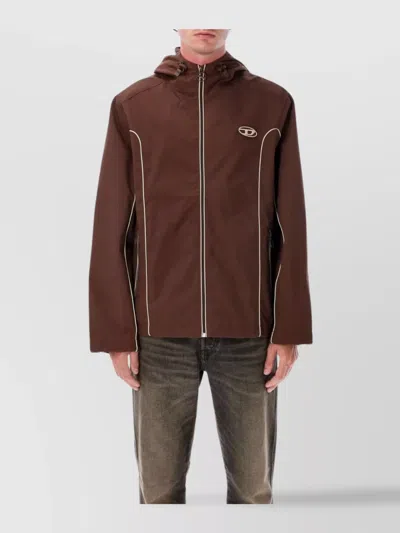 Diesel Piping Contrast Hooded Jacket Side Pockets In Brown