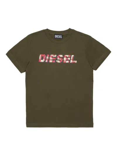 Diesel Kids' Pixel-embellished T-shirt In Green