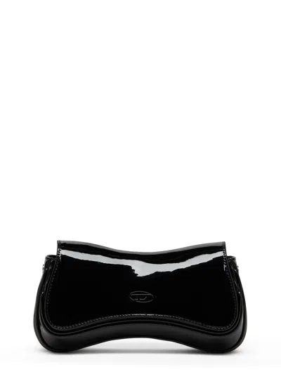 Diesel Play Clutch Patent Fabric Shoulder Bag In Black