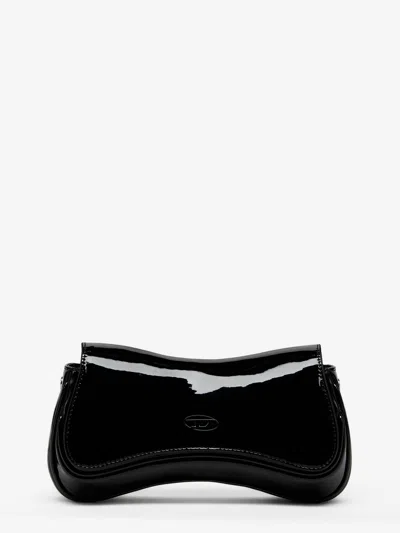 Diesel Play Clutch Patent Fabric Shoulder Bag In Black
