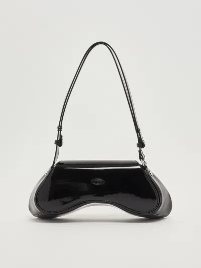 Diesel Curved Black Play Clutch With Glossy Finish And Magnetic Closure