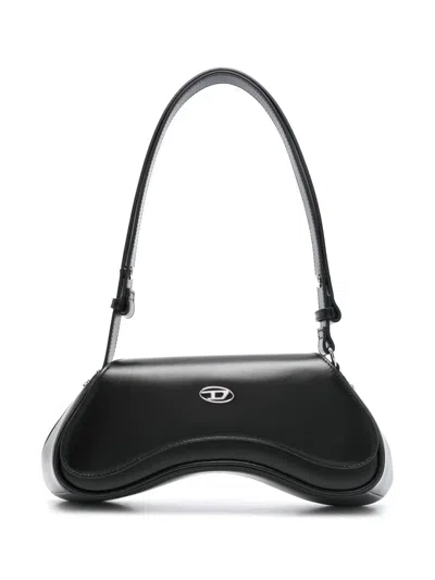 Diesel Curved Black Play Clutch With Glossy Finish And Magnetic Closure